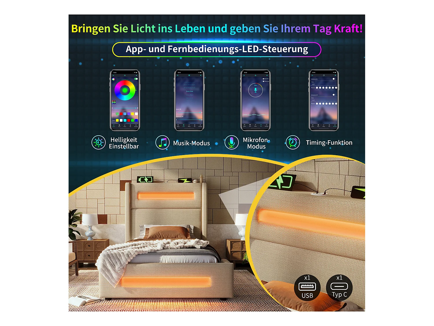 Gestoffeerd bed met opbergruimte - 90 x 200 cm - met ledverlichting + USB Type-C - inclusief matras - linnen - beige