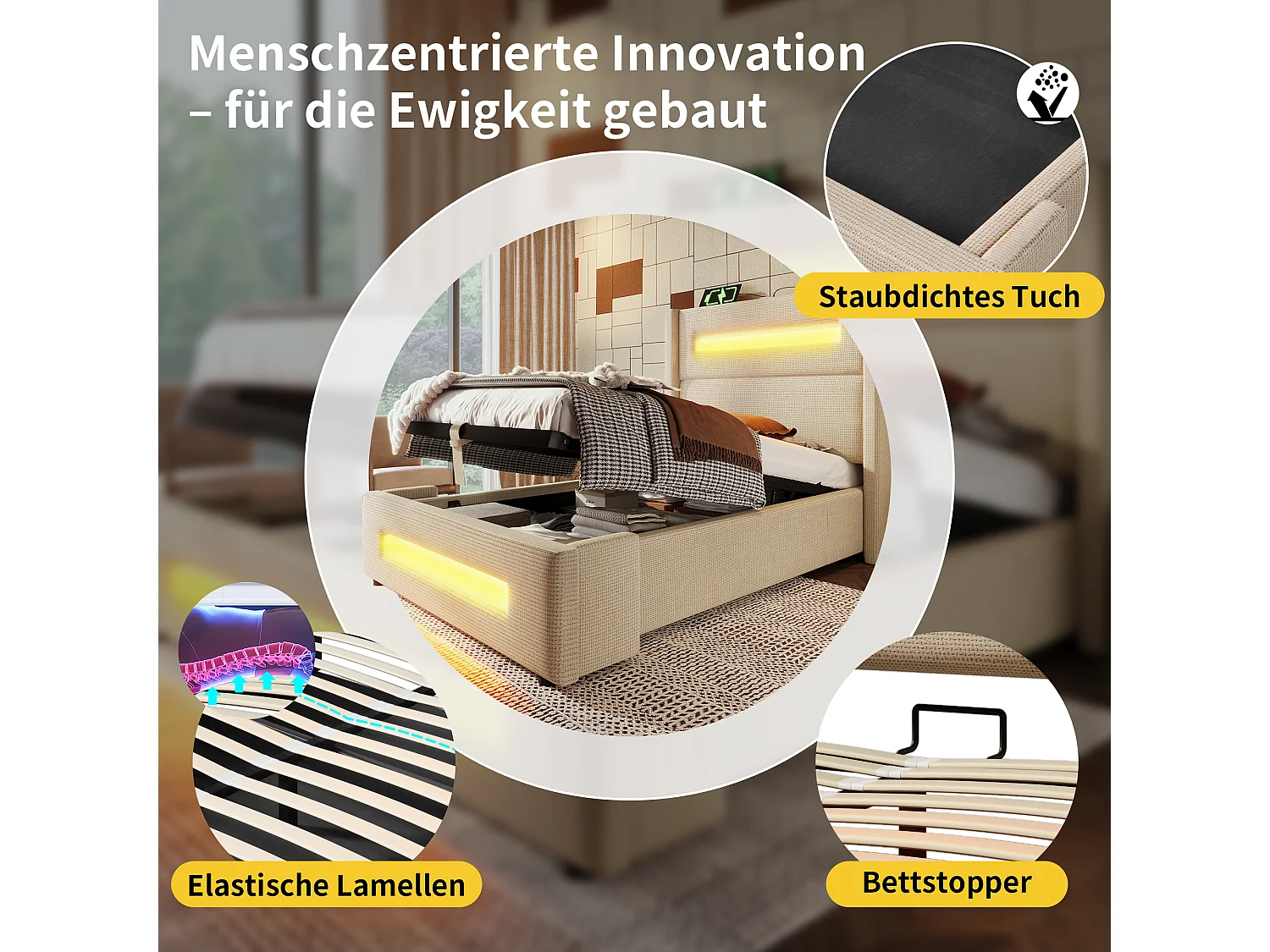 Lit coffre rembourré - 90 x 200 cm - avec Leds + USB Type-C - avec matelas - lin - beige