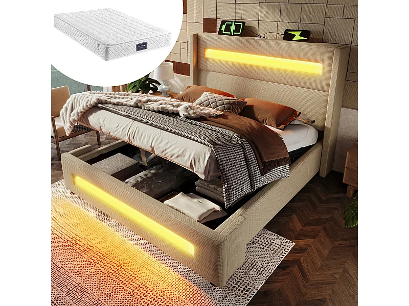 Gepolstertes Doppelbettbett mit Stauraum – 160 x 200 cm – mit LEDs + USB Type-C – mit Matratze – Leinen – Beige