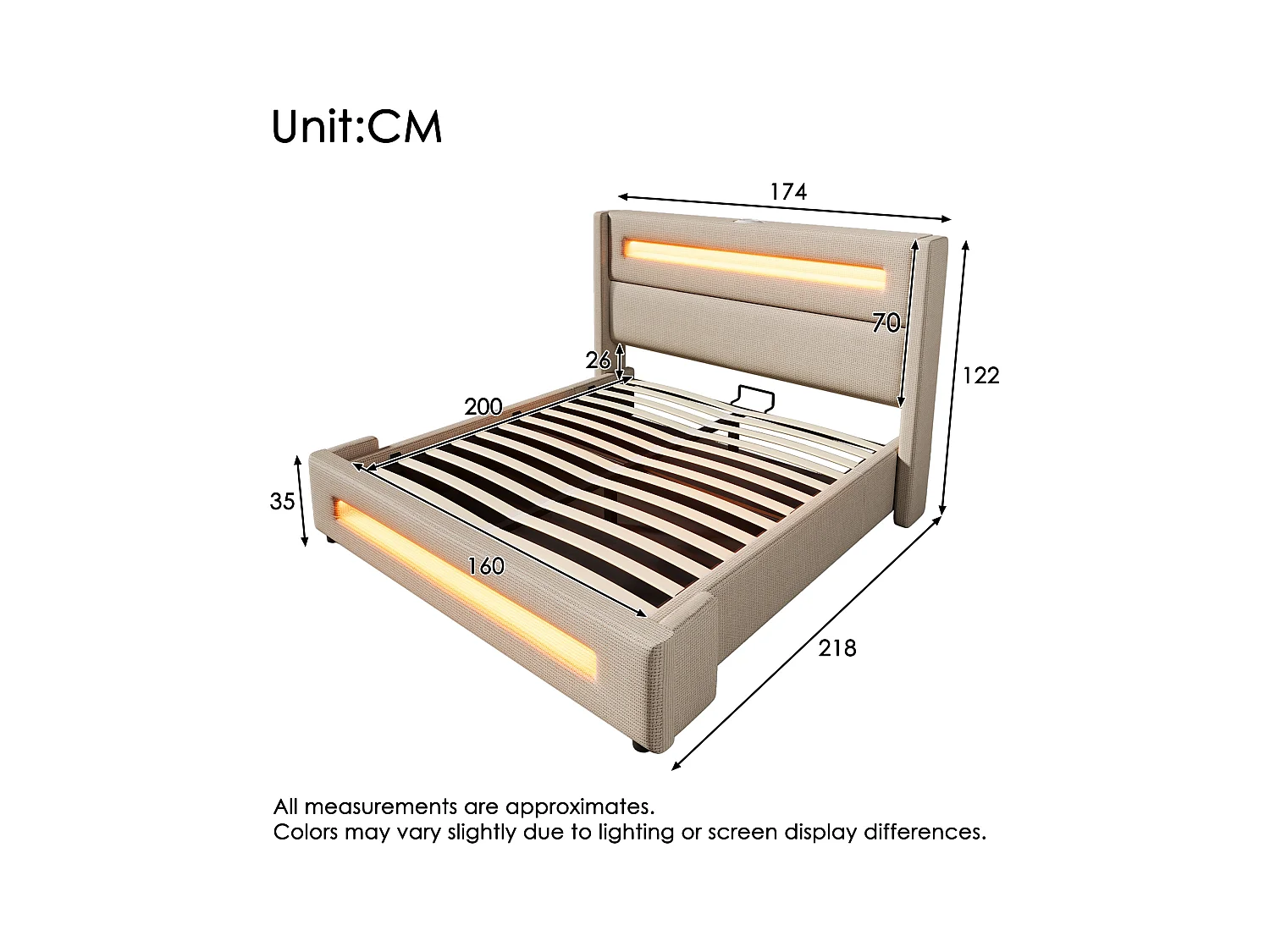 Gepolstertes Doppelbettbett mit Stauraum – 160 x 200 cm – mit LEDs + USB Type-C – mit Matratze – Leinen – Beige