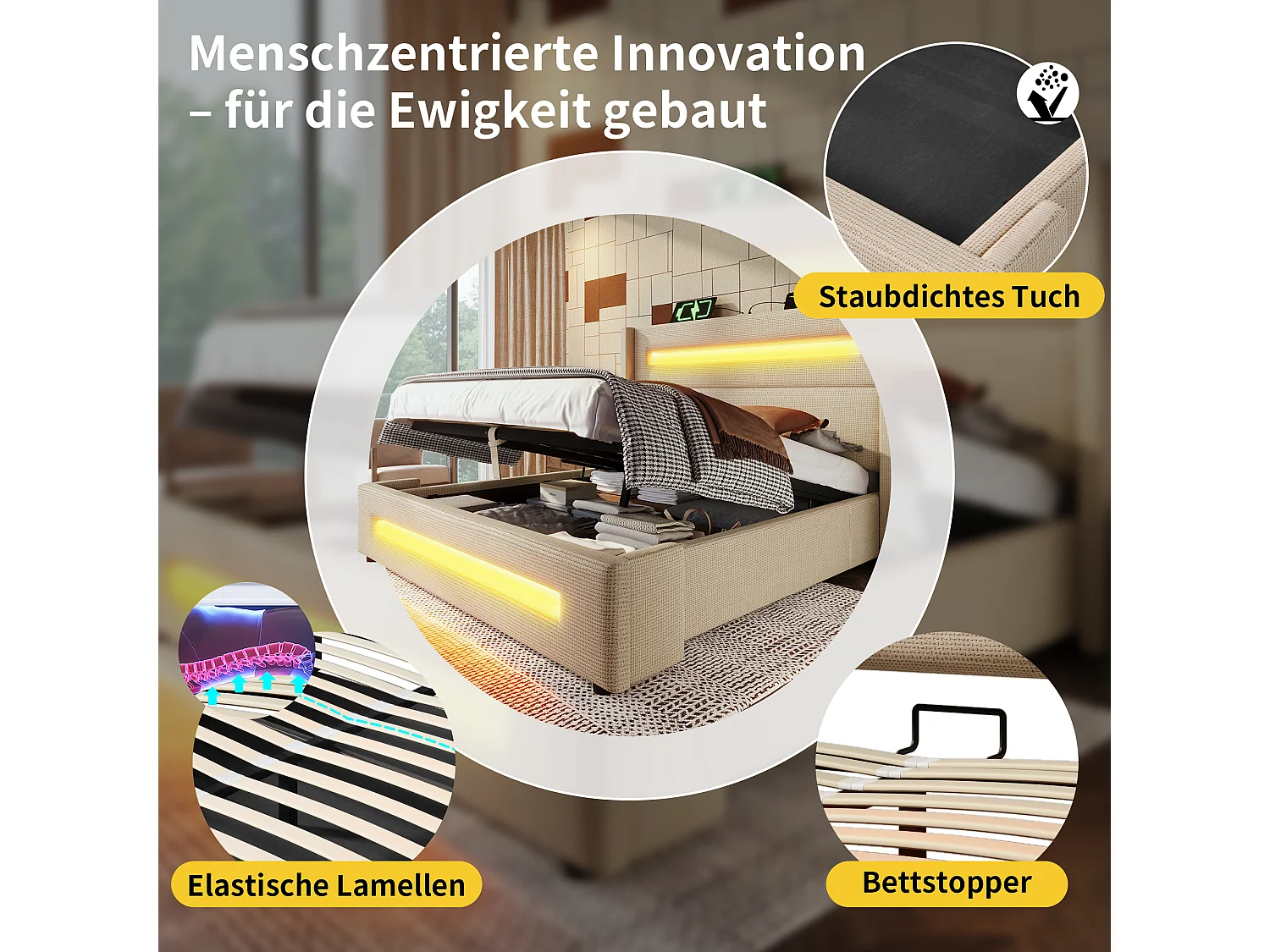 Lit coffre rembourré double - 160 x 200 cm - avec Leds + USB Type-C - avec matelas - lin - beige