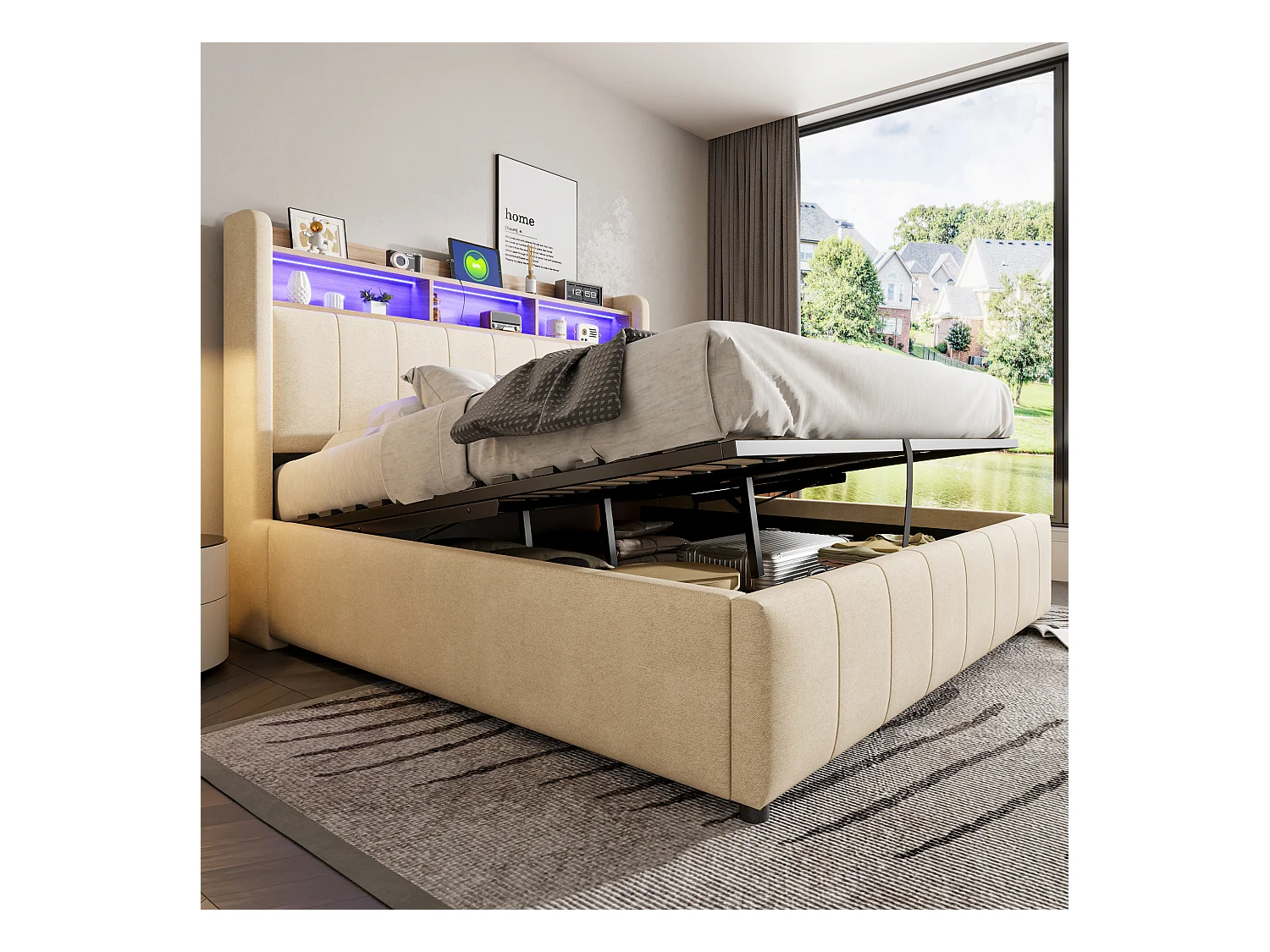 Lit coffre rembourré double - 160 x 200 cm - avec Leds + port USB - tête de lit avec rangement - tissu lin - beige