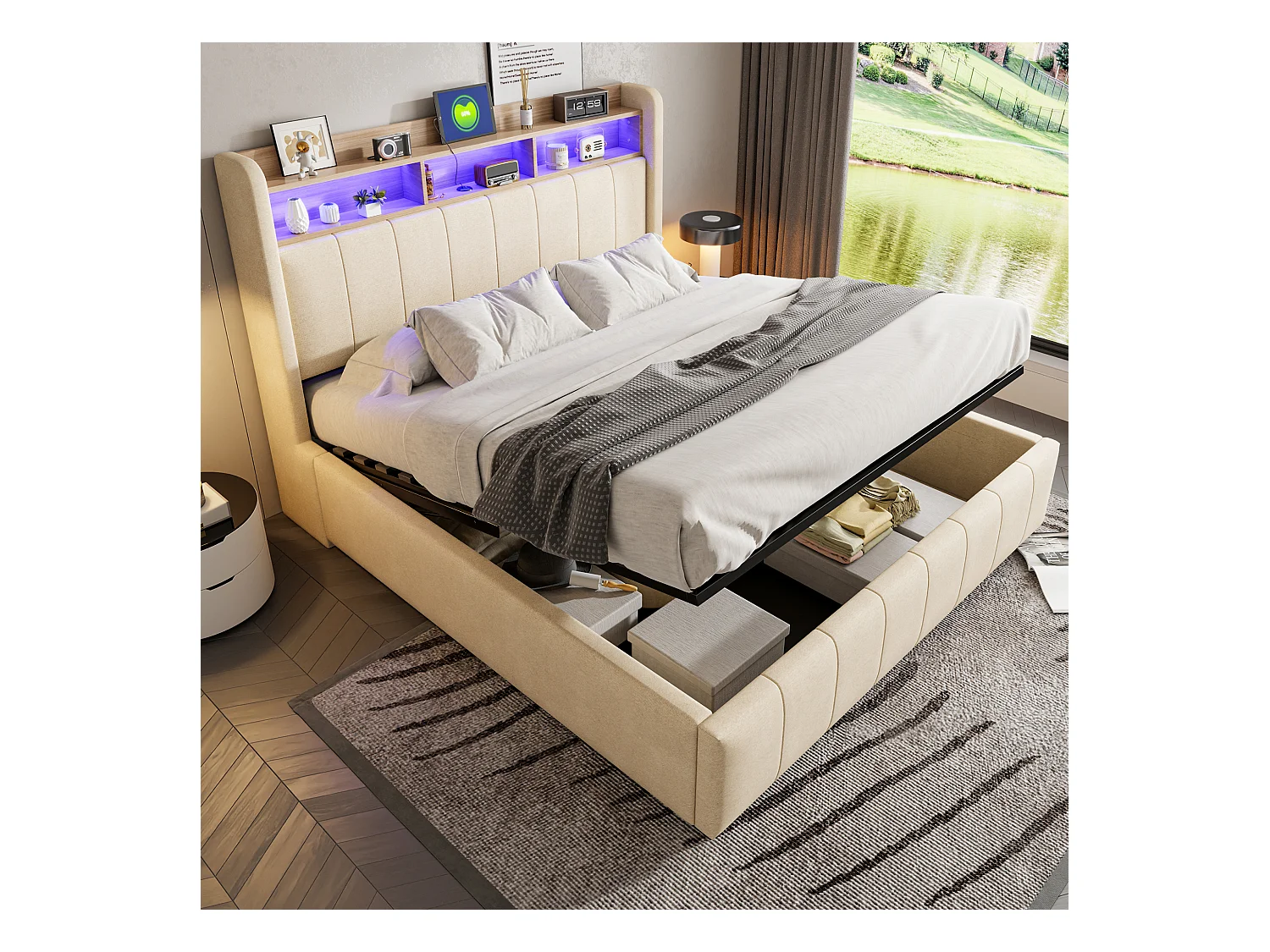 Lit coffre rembourré double - 160 x 200 cm - avec Leds + port USB - tête de lit avec rangement - tissu lin - beige