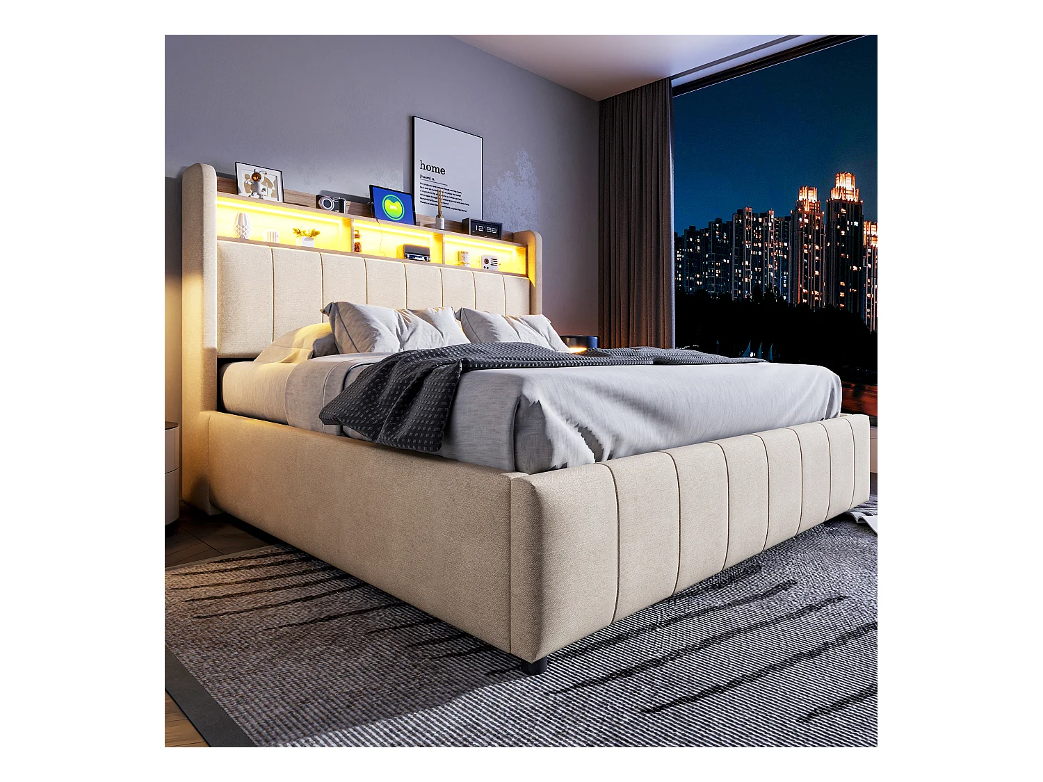 Lit coffre rembourré double - 160 x 200 cm - avec Leds + port USB - tête de lit avec rangement - tissu lin - beige