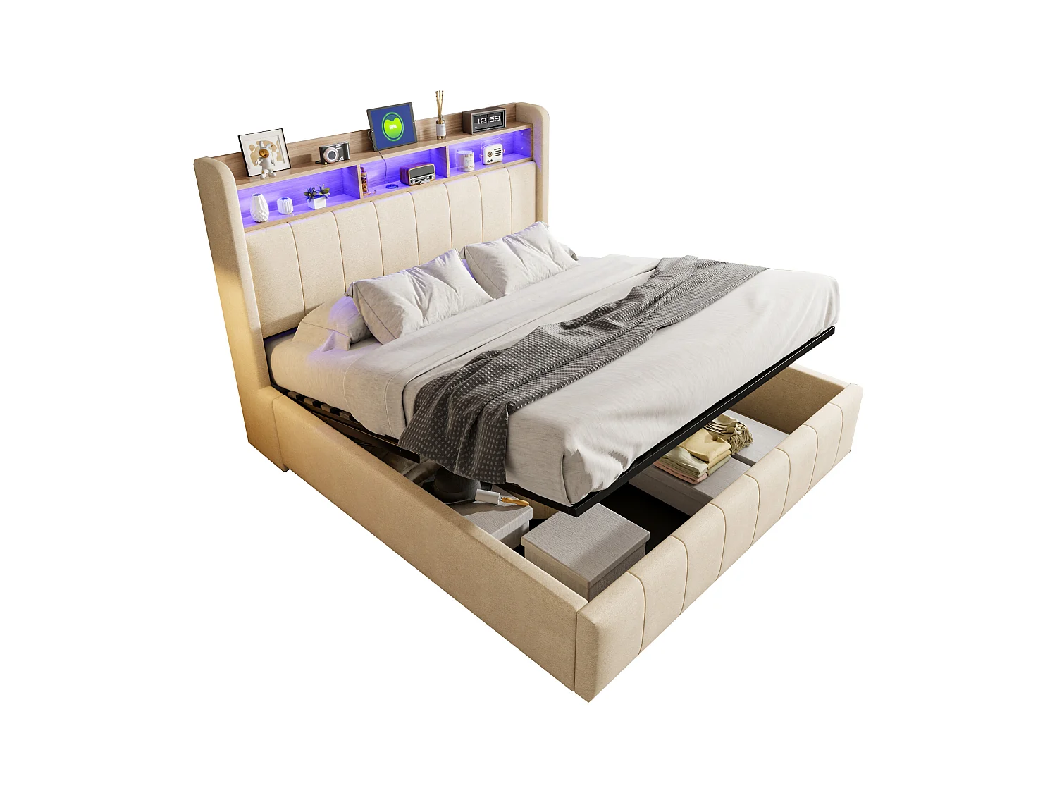 Lit coffre rembourré double - 160 x 200 cm - avec Leds + port USB - tête de lit avec rangement - tissu lin - beige