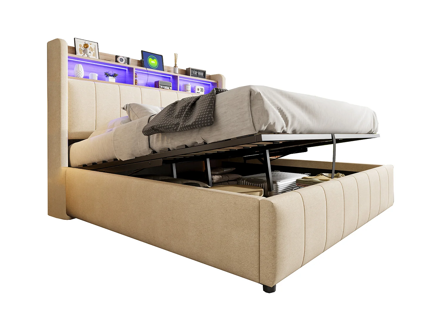 Lit coffre rembourré double - 160 x 200 cm - avec Leds + port USB - tête de lit avec rangement - tissu lin - beige