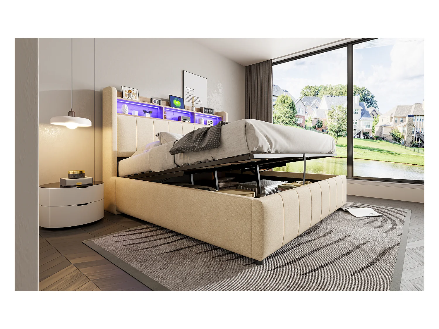 Lit coffre rembourré double - 160 x 200 cm - avec Leds + port USB - tête de lit avec rangement - tissu lin - beige