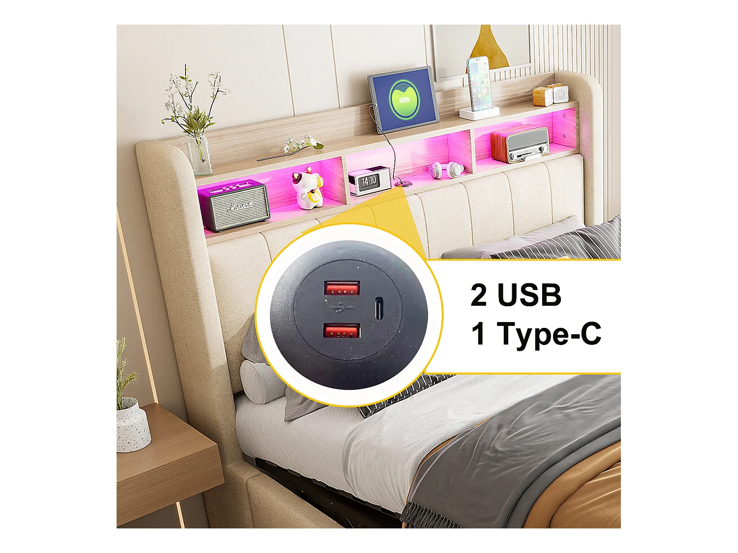 Lit coffre rembourré double - 160 x 200 cm - avec Leds + port USB - tête de lit avec rangement - tissu lin - beige
