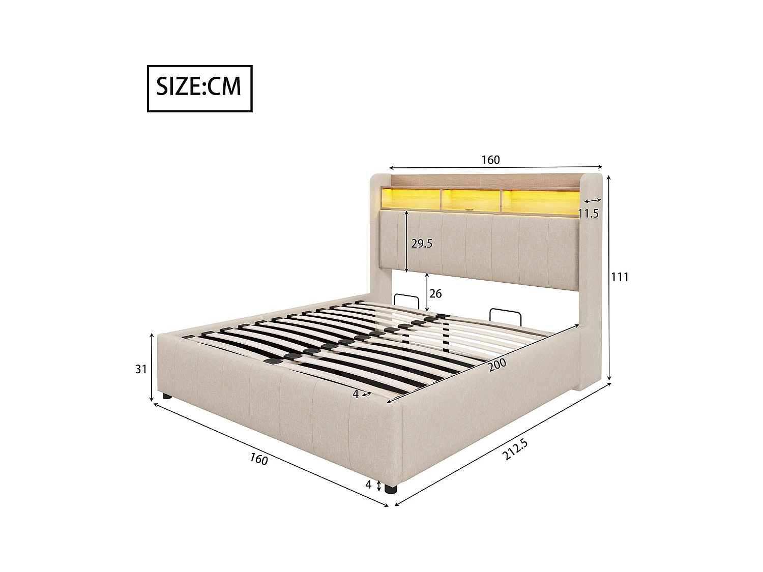 Lit coffre rembourré double - 160 x 200 cm - avec Leds + port USB - tête de lit avec rangement - tissu lin - beige