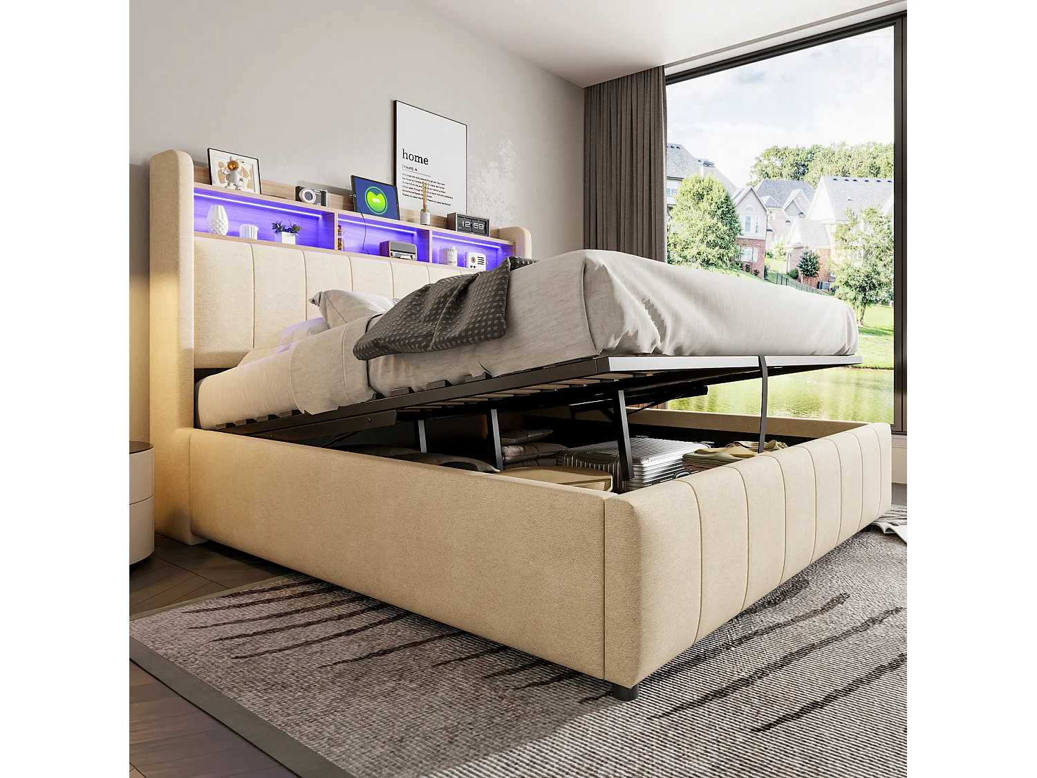 Gestoffeerd tweepersoonsbed met opbergruimte - 160 x 200 cm - met ledverlichting + USB-aansluiting - Hoofdbord met opbergruimte - Linnen stof - Beige