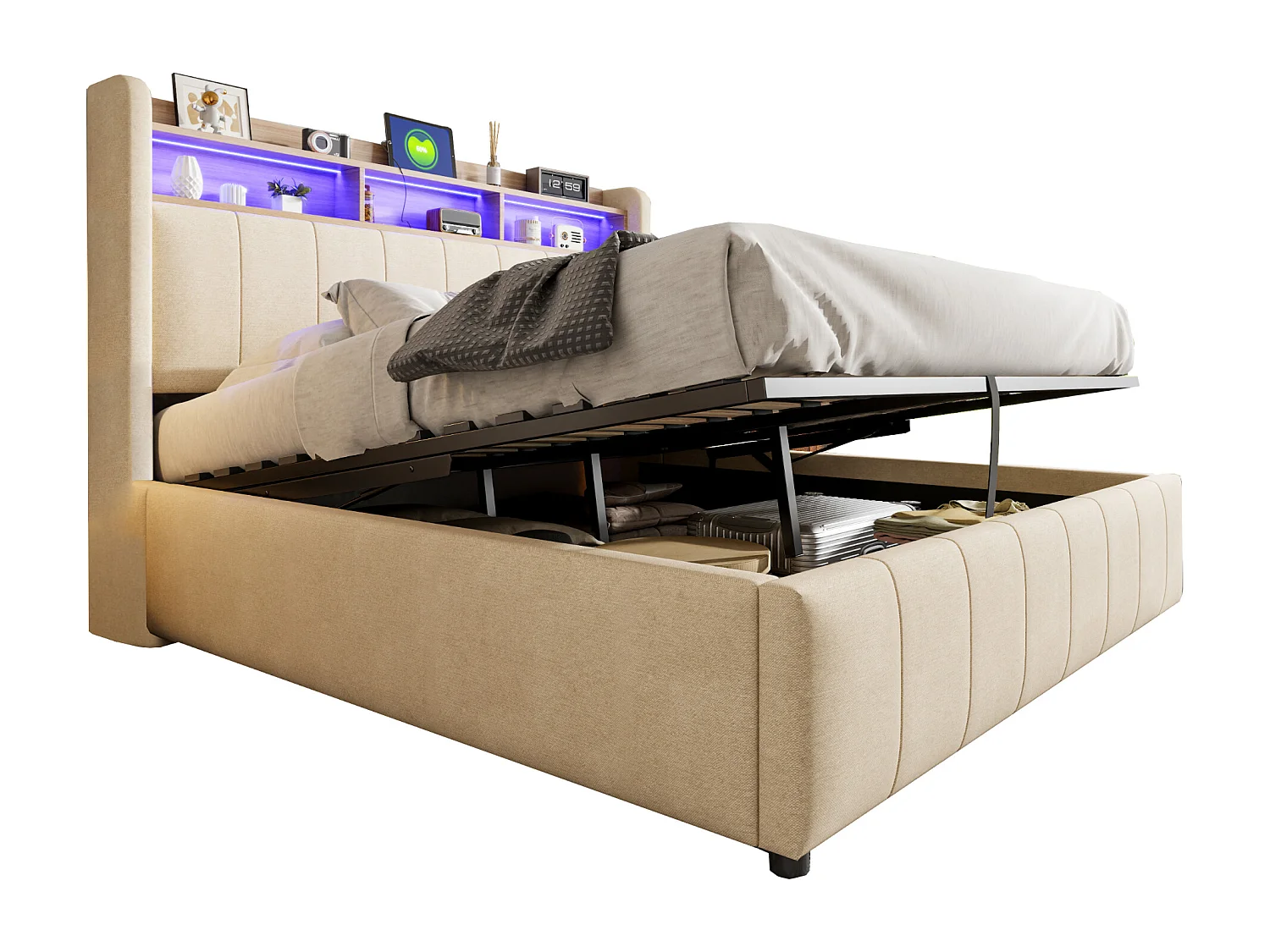 Gestoffeerd tweepersoonsbed met opbergruimte - 160 x 200 cm - met ledverlichting + USB-aansluiting - Hoofdbord met opbergruimte - Linnen stof - Beige