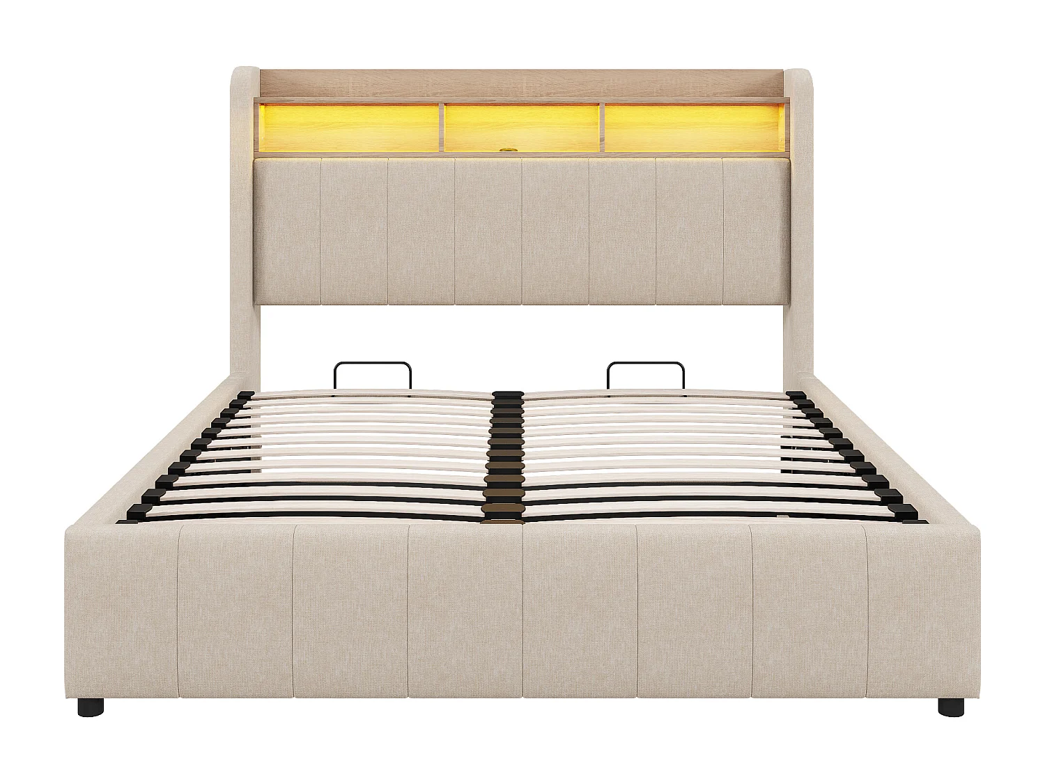 Gestoffeerd tweepersoonsbed met opbergruimte - 160 x 200 cm - met ledverlichting + USB-aansluiting - Hoofdbord met opbergruimte - Linnen stof - Beige