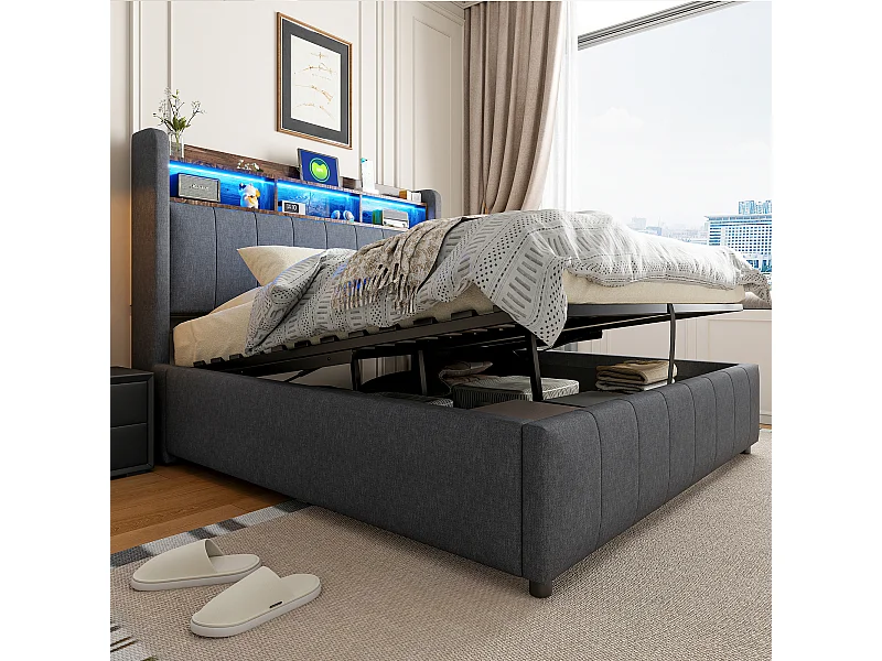 Lit coffre rembourré double - 140 x 200 cm - avec Leds + port USB - tête de lit avec rangement - tissu lin - gris