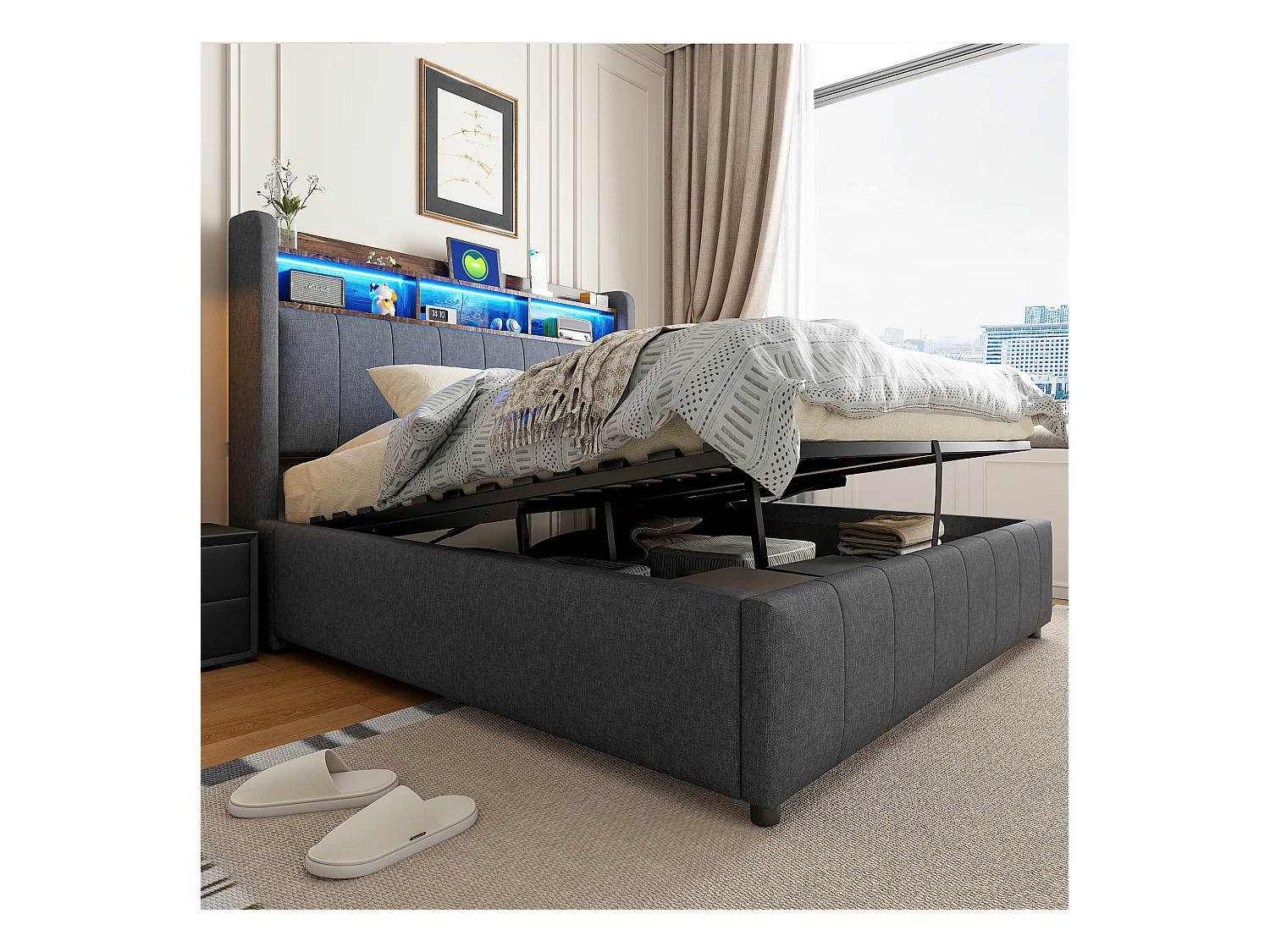 Lit coffre rembourré double - 140 x 200 cm - avec Leds + port USB - tête de lit avec rangement - tissu lin - gris