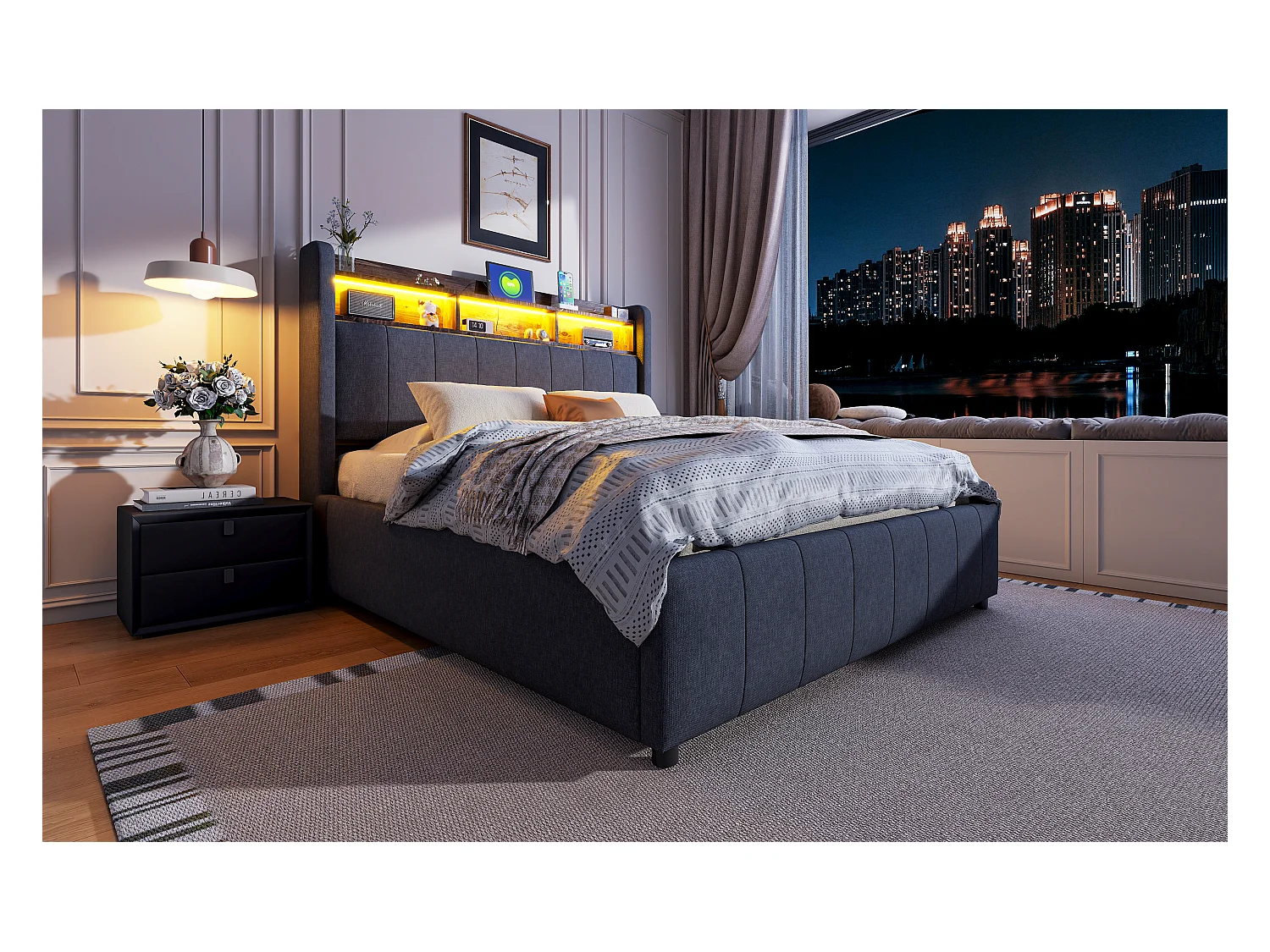 Lit coffre rembourré double - 140 x 200 cm - avec Leds + port USB - tête de lit avec rangement - tissu lin - gris