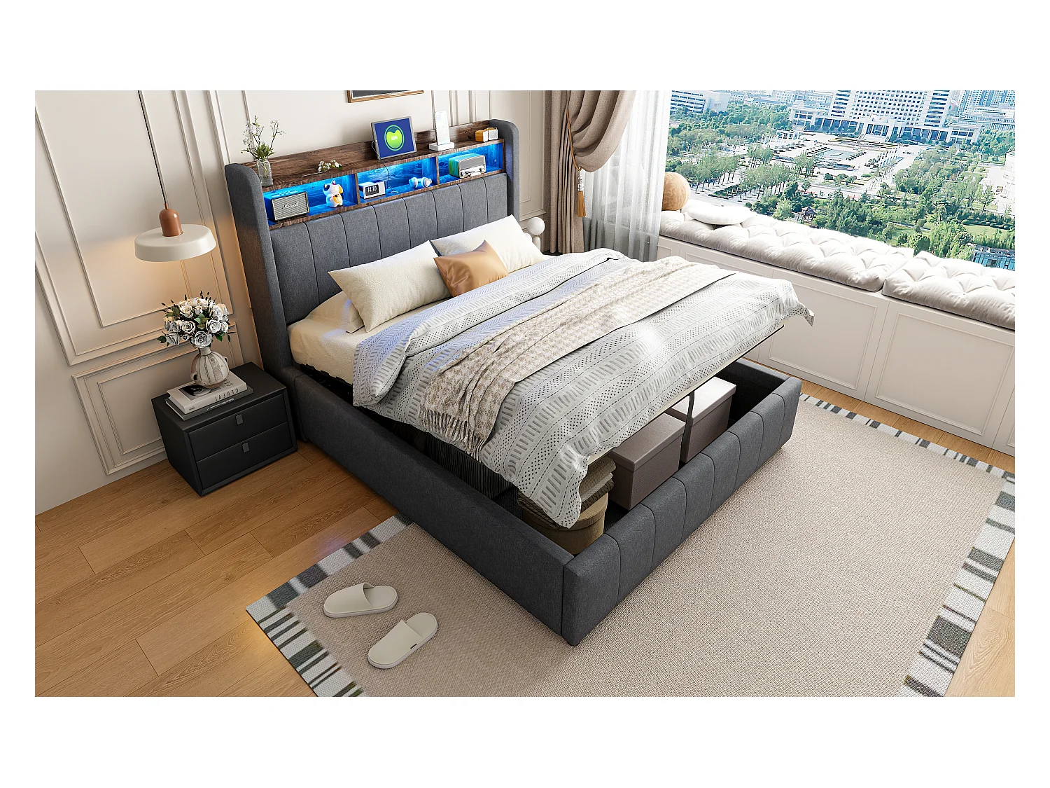 Lit coffre rembourré double - 140 x 200 cm - avec Leds + port USB - tête de lit avec rangement - tissu lin - gris