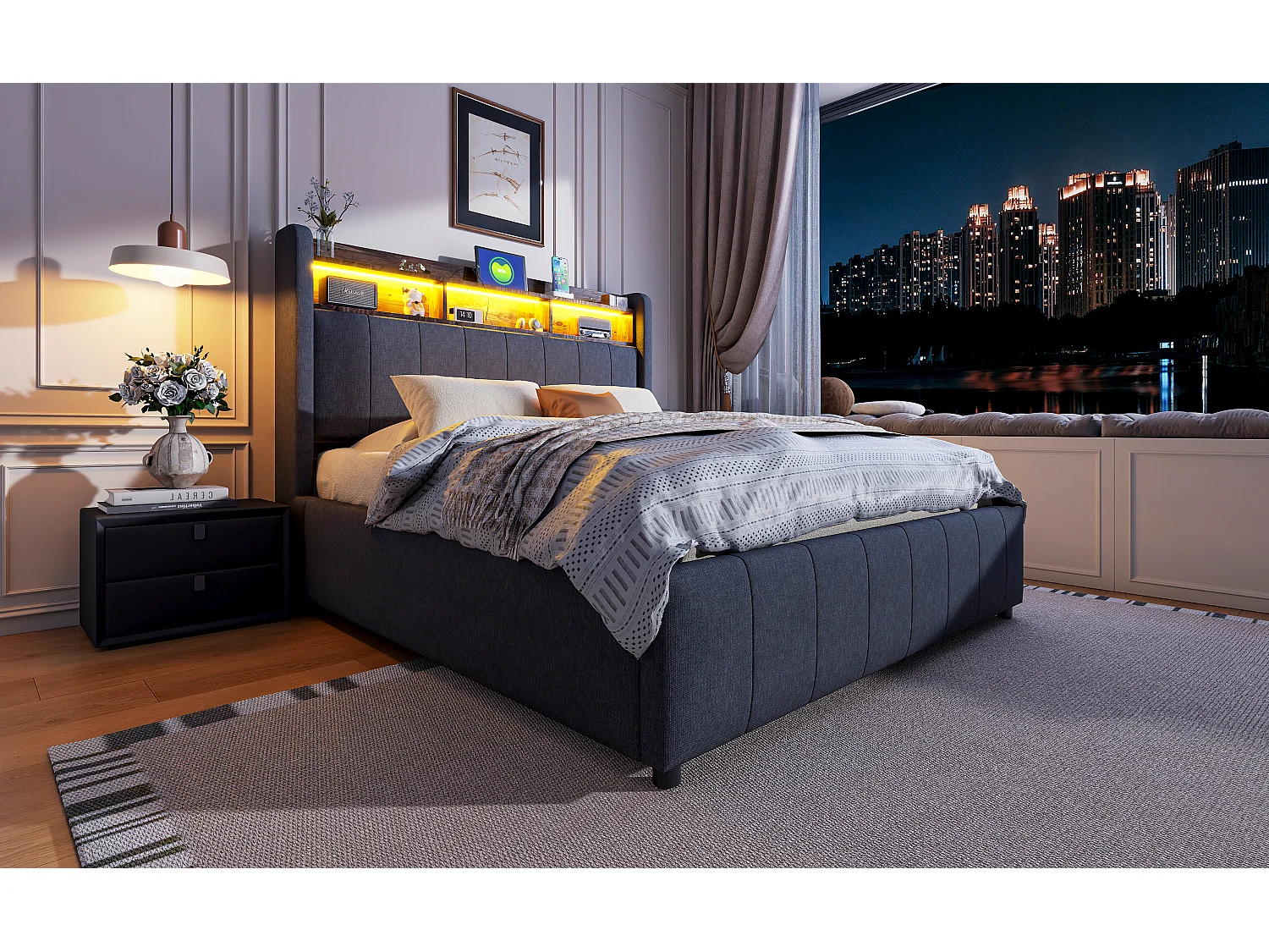 Lit coffre rembourré double - 140 x 200 cm - avec Leds + port USB - tête de lit avec rangement - tissu lin - gris