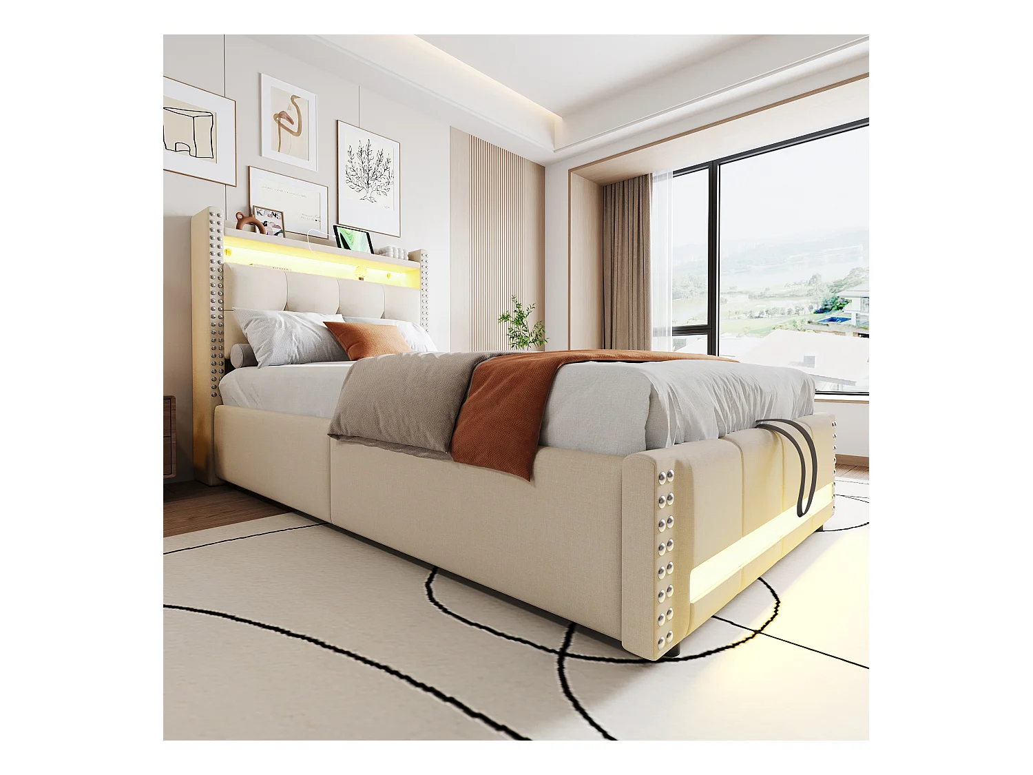 Gestoffeerd bed met opbergruimte voor kinderen - 90 x 200 cm - met LED's + USB + hoofdeinde met opbergruimte - linnen + metaal + multiplex + MDF - beige