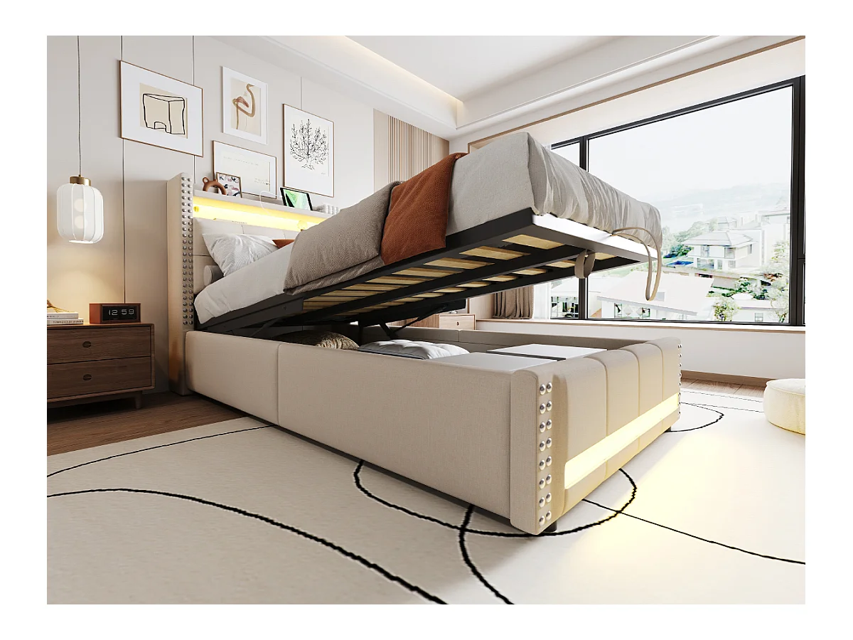 Gestoffeerd bed met opbergruimte voor kinderen - 90 x 200 cm - met LED's + USB + hoofdeinde met opbergruimte - linnen + metaal + multiplex + MDF - beige