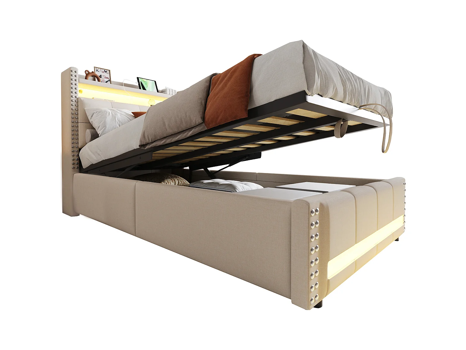 Gestoffeerd bed met opbergruimte voor kinderen - 90 x 200 cm - met LED's + USB + hoofdeinde met opbergruimte - linnen + metaal + multiplex + MDF - beige