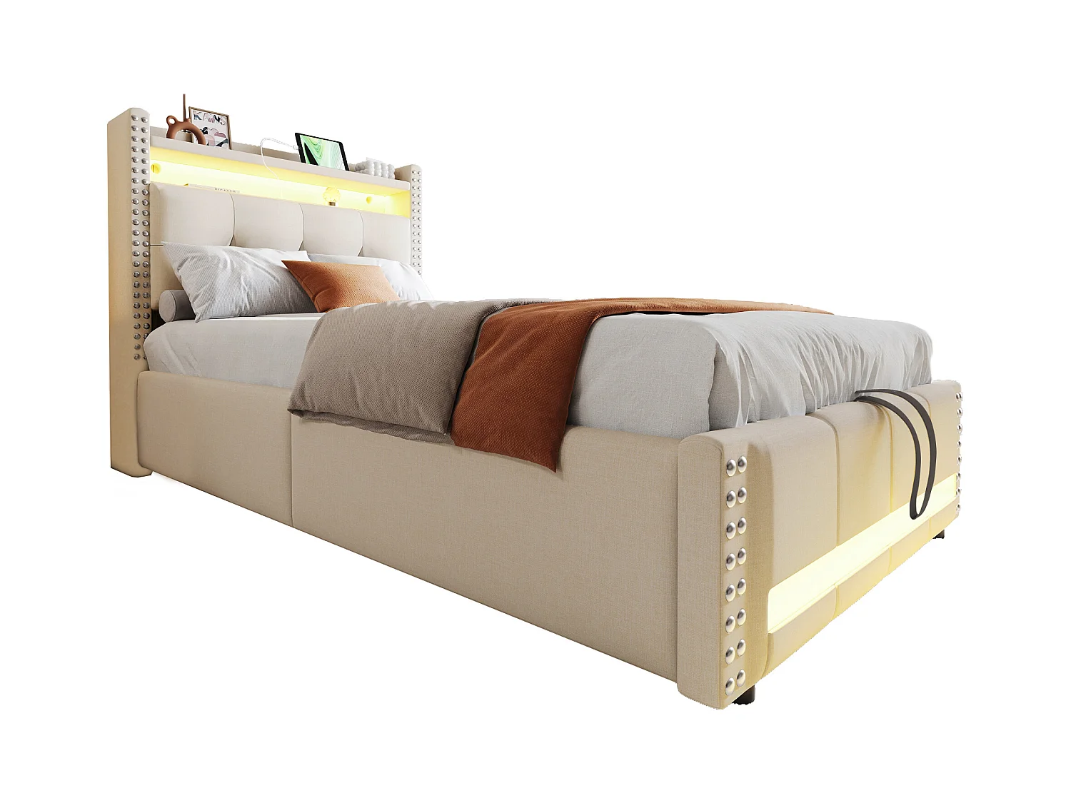 Gestoffeerd bed met opbergruimte voor kinderen - 90 x 200 cm - met LED's + USB + hoofdeinde met opbergruimte - linnen + metaal + multiplex + MDF - beige