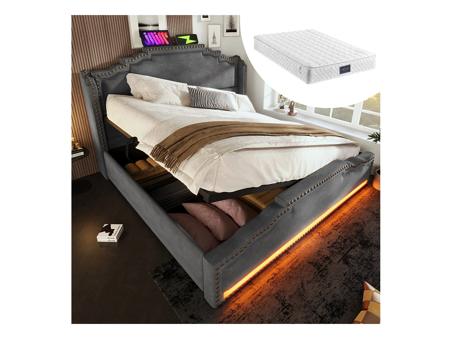 Doppeltes gepolstertes Stauraumbett - 160 x 200 cm - mit hydraulischen Stauraum-LEDs + USB - mit Matratze - Samt - grau