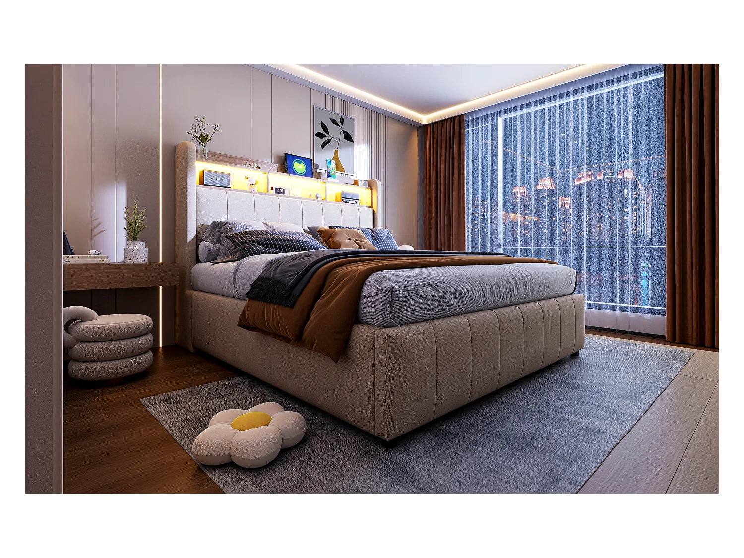 Lit coffre rembourré double - 140 x 200 cm - avec Leds + port USB - tête de lit avec rangement - tissu lin - beige