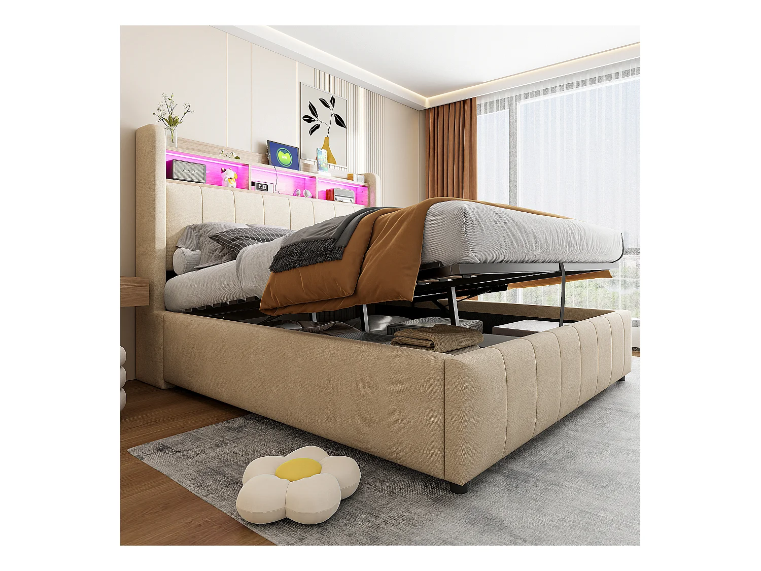 Lit coffre rembourré double - 140 x 200 cm - avec Leds + port USB - tête de lit avec rangement - tissu lin - beige