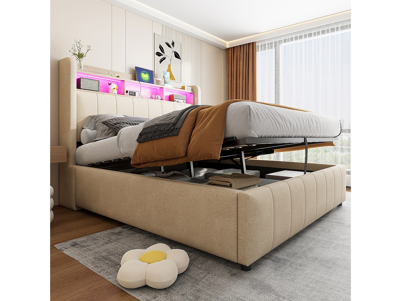 Letto Contenitore 180×200 cm, Letto Matrimoniale con LED RGB Regolabile