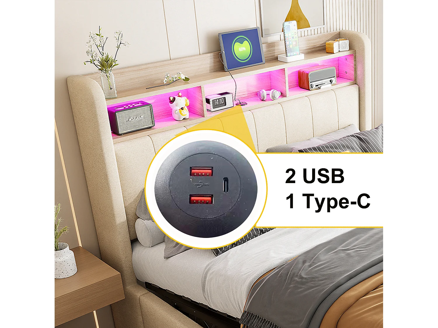 Lit coffre rembourré double - 140 x 200 cm - avec Leds + port USB - tête de lit avec rangement - tissu lin - beige