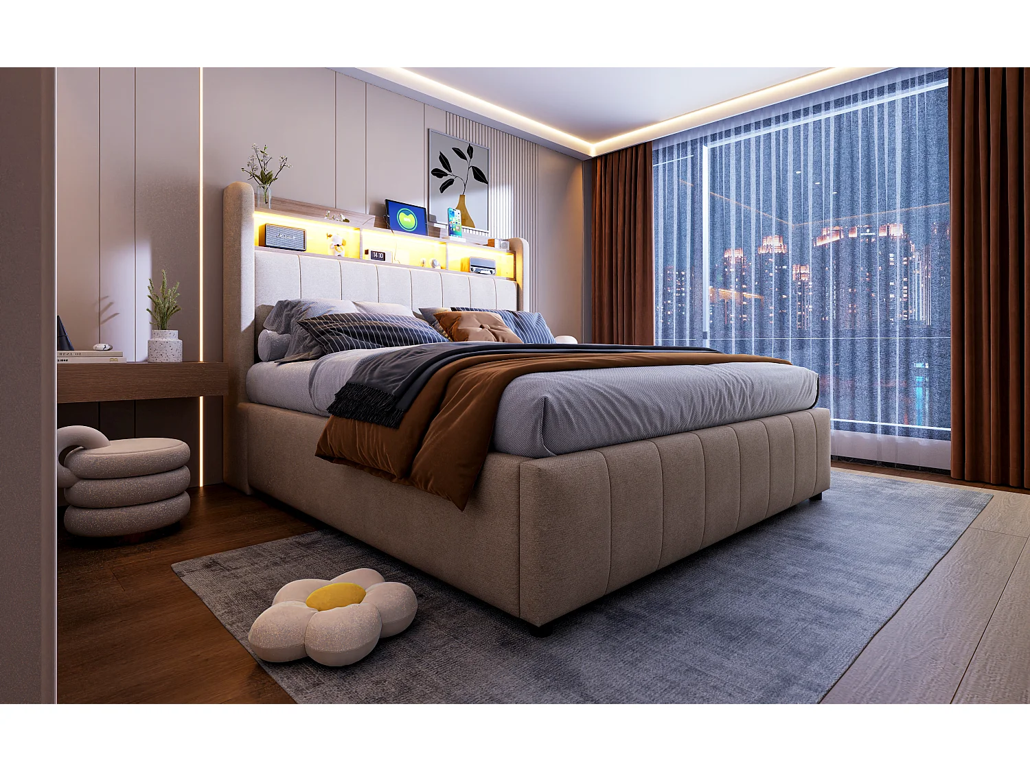 Lit coffre rembourré double - 140 x 200 cm - avec Leds + port USB - tête de lit avec rangement - tissu lin - beige