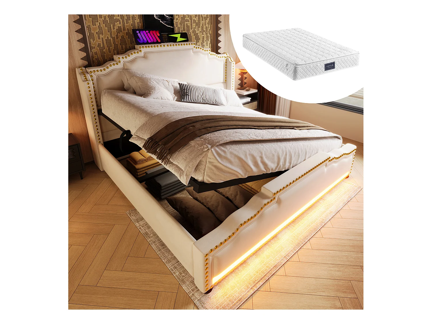 Doppelbett, gepolstert, mit Stauraum – 160 x 200 cm – mit hydraulischem Stauraum, LEDs + USB – mit Matratze – Samt – Beige