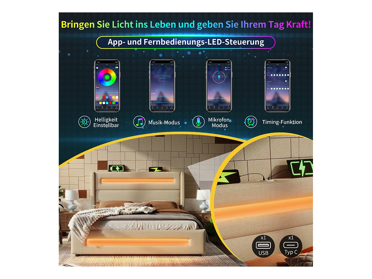 Lit coffre rembourré double - 140 x 200 cm - avec Leds + USB Type-C - avec matelas - lin - beige