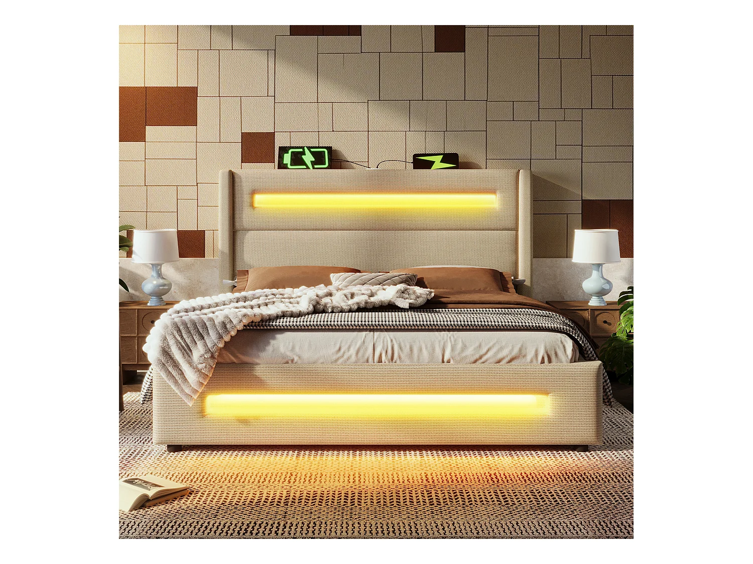 Lit coffre rembourré double - 140 x 200 cm - avec Leds + USB Type-C - avec matelas - lin - beige