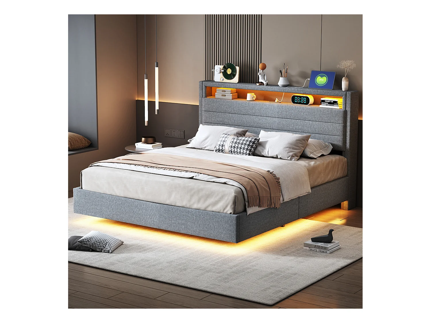 Lit coffre rembourré double - 140 x 200 cm - hydraulique rangement - avec port USB + Leds + tête de lit réversible - lin - gris