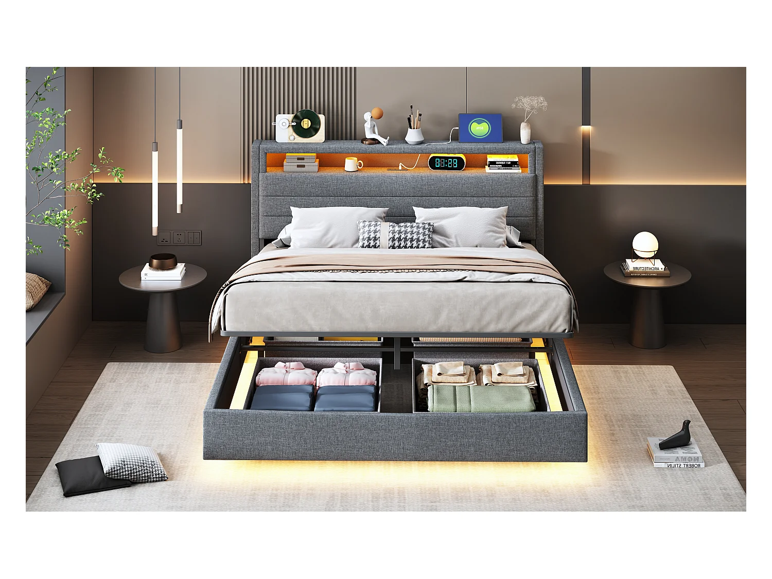 Lit coffre rembourré double - 140 x 200 cm - hydraulique rangement - avec port USB + Leds + tête de lit réversible - lin - gris