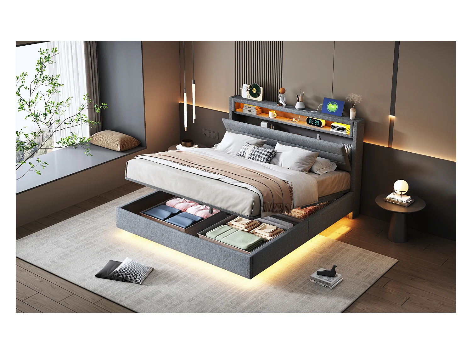 Lit coffre rembourré double - 140 x 200 cm - hydraulique rangement - avec port USB + Leds + tête de lit réversible - lin - gris