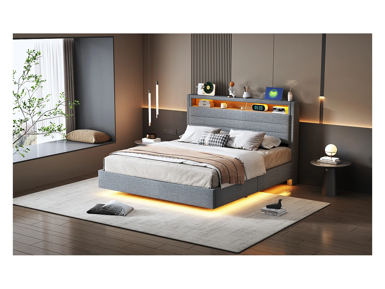 Lit coffre rembourré double - 140 x 200 cm - hydraulique rangement - avec port USB + Leds + tête de lit réversible - lin - gris