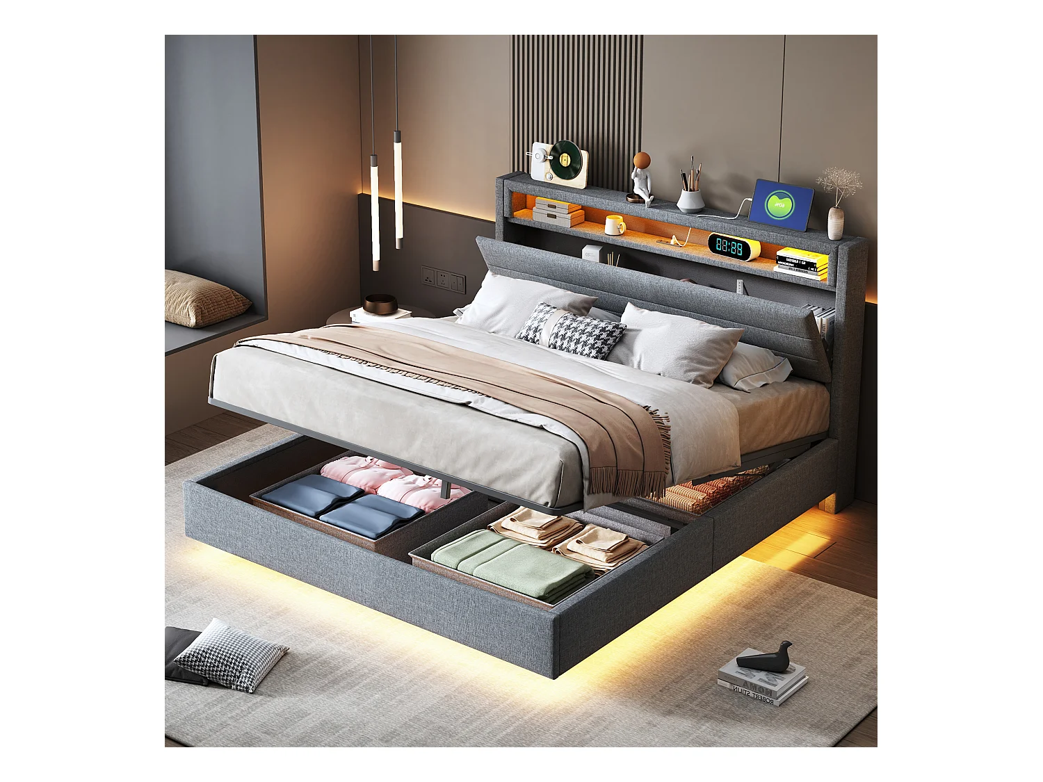 Gepolstertes Doppelbett mit Stauraum – 140 x 200 cm – Hydraulischer Stauraum – mit USB-Anschluss, LEDs und wendbarem Kopfteil – Leinen – Grau