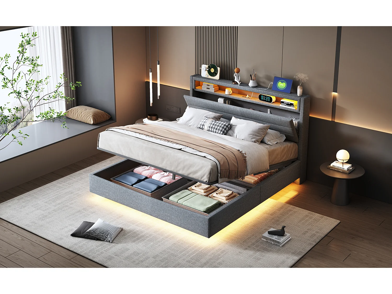 Podwójne tapicerowane łóżko ze schowkiem - 140 x 200 cm - Hydrauliczny schowek - z portem USB + diodami LED + odwracalny zagłówek - len - szary