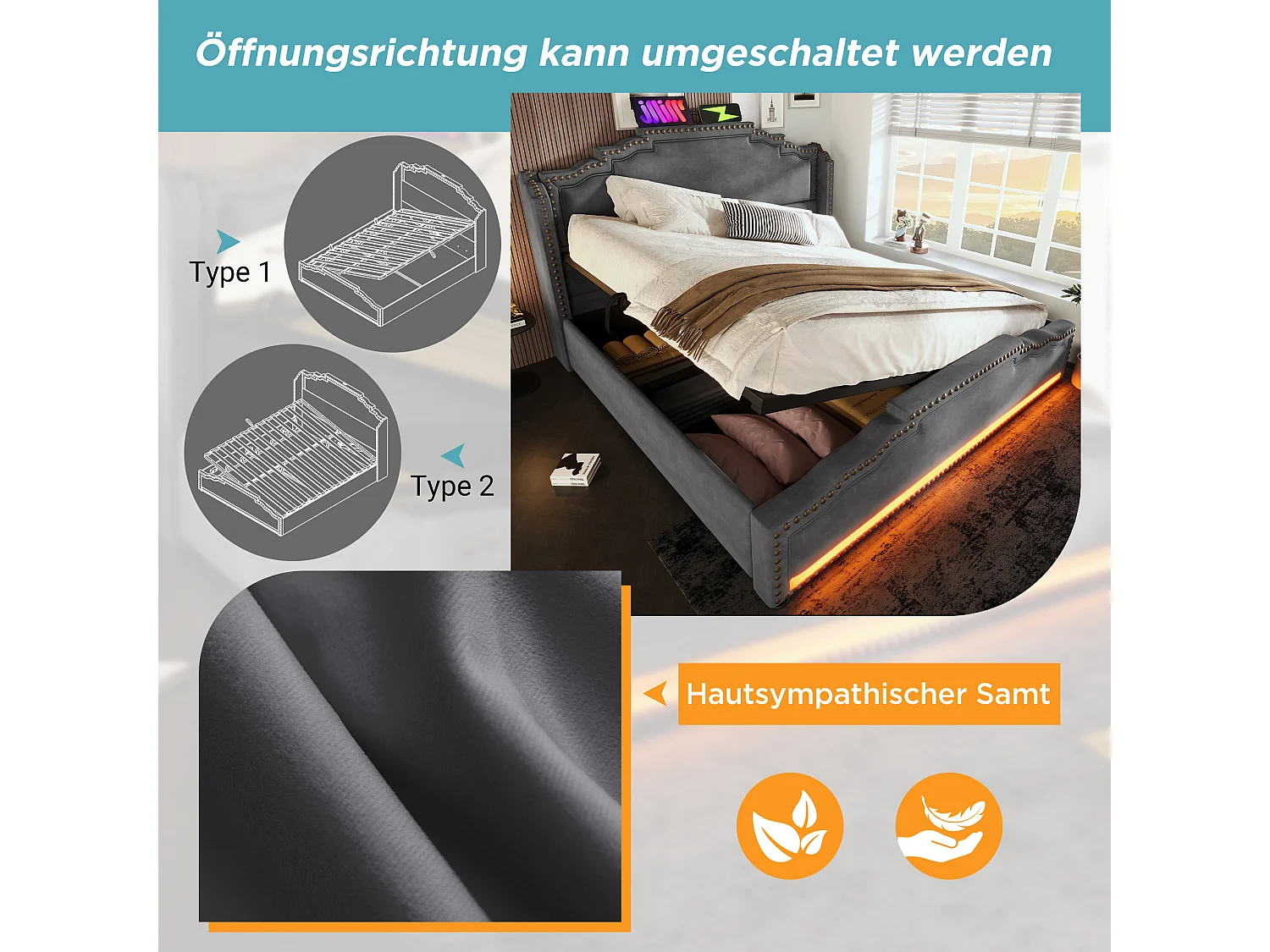 Lit coffre rembourré double - 140 x 200 cm - avec rangement hydraulique + Leds + USB - avec matelas - velours - gris