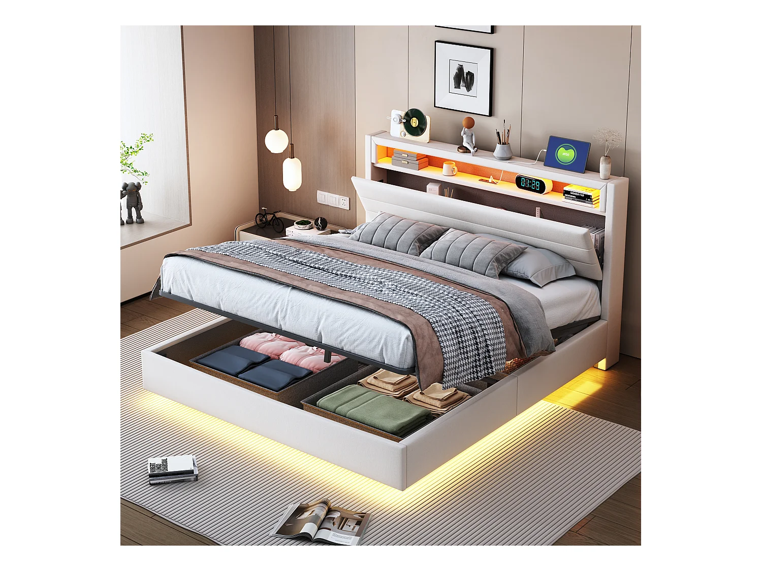 Lit coffre rembourré double - 140 x 200 cm - hydraulique rangement - avec port USB + Leds + tête de lit réversible - lin - beige