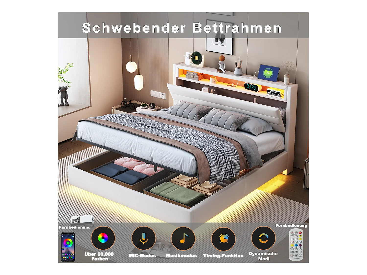 Lit coffre rembourré double - 140 x 200 cm - hydraulique rangement - avec port USB + Leds + tête de lit réversible - lin - beige