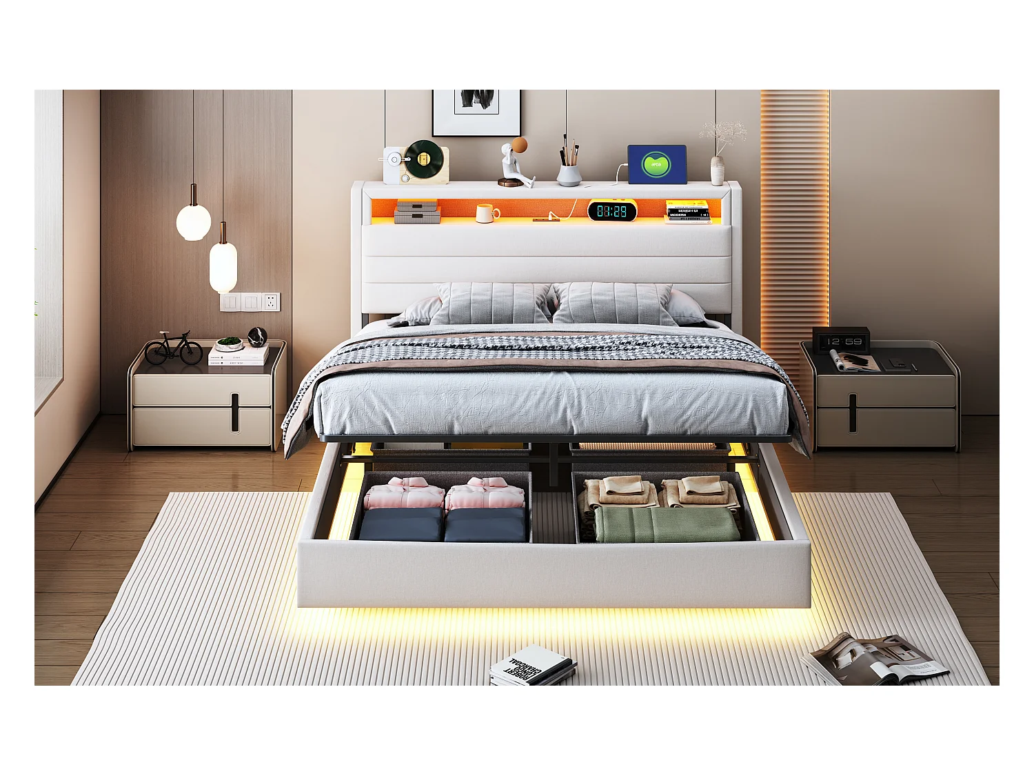 Lit coffre rembourré double - 140 x 200 cm - hydraulique rangement - avec port USB + Leds + tête de lit réversible - lin - beige