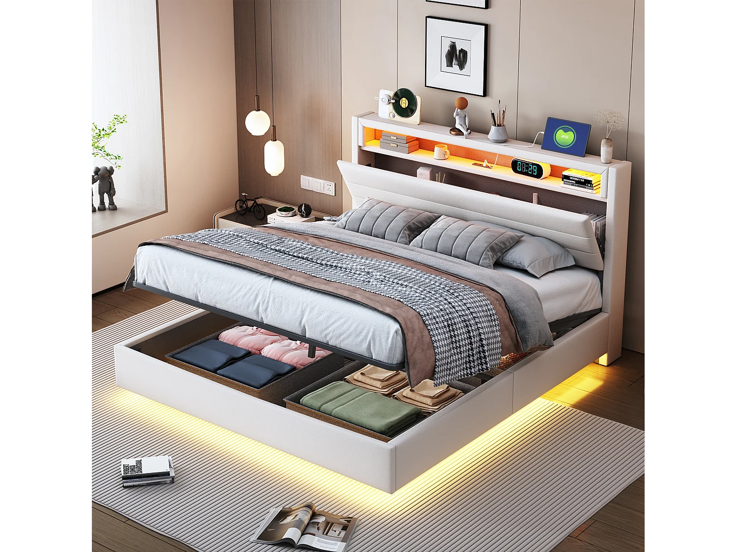 Doppel-Polsterbett Gepolstertes Bett mit Stauraum – 140 x 200 cm – Hydraulischer Stauraum – mit USB-Anschluss, LEDs und wendbarem Kopfteil – Leinen – Beige