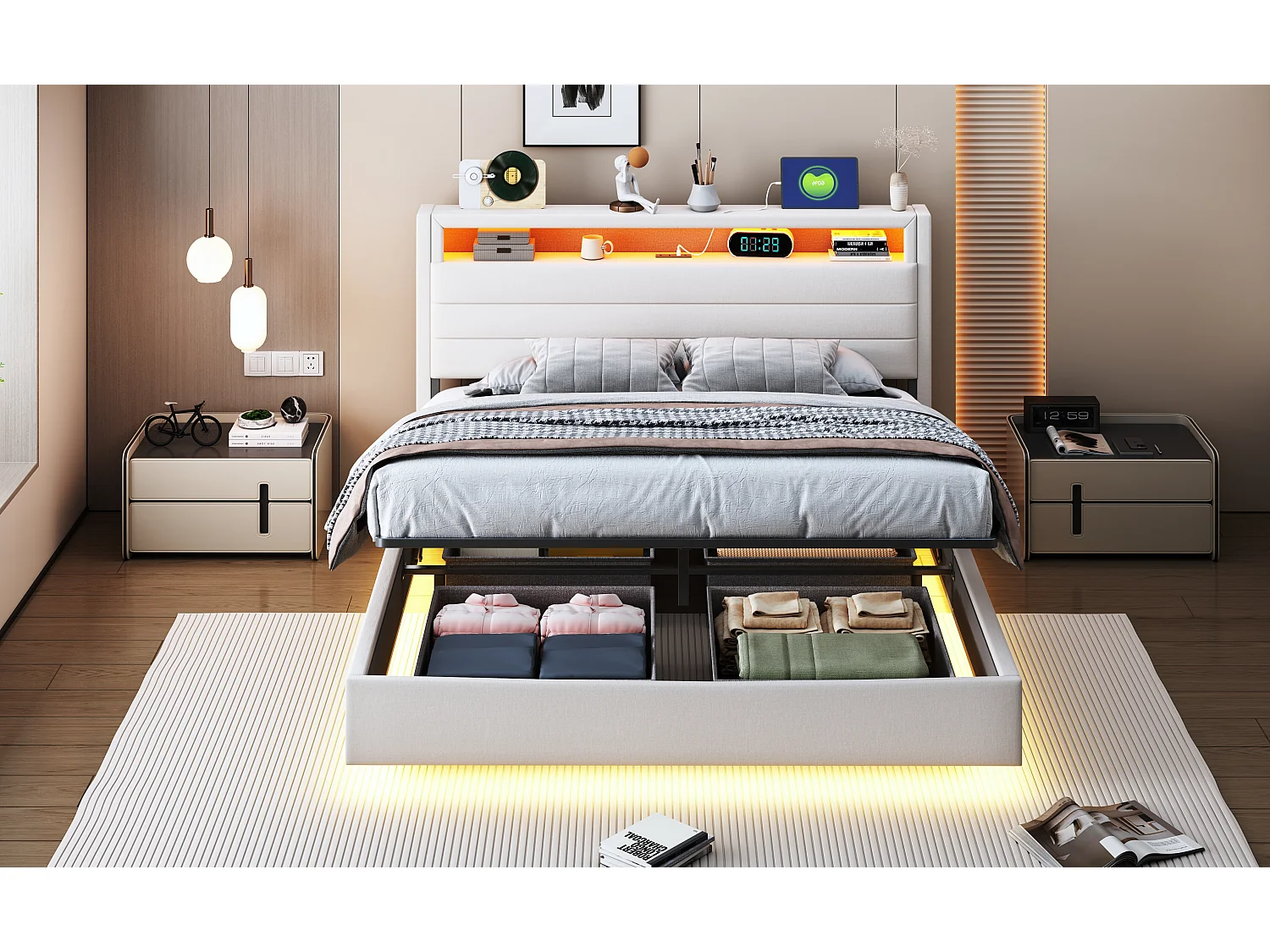 Doppel-Polsterbett Gepolstertes Bett mit Stauraum – 140 x 200 cm – Hydraulischer Stauraum – mit USB-Anschluss, LEDs und wendbarem Kopfteil – Leinen – Beige