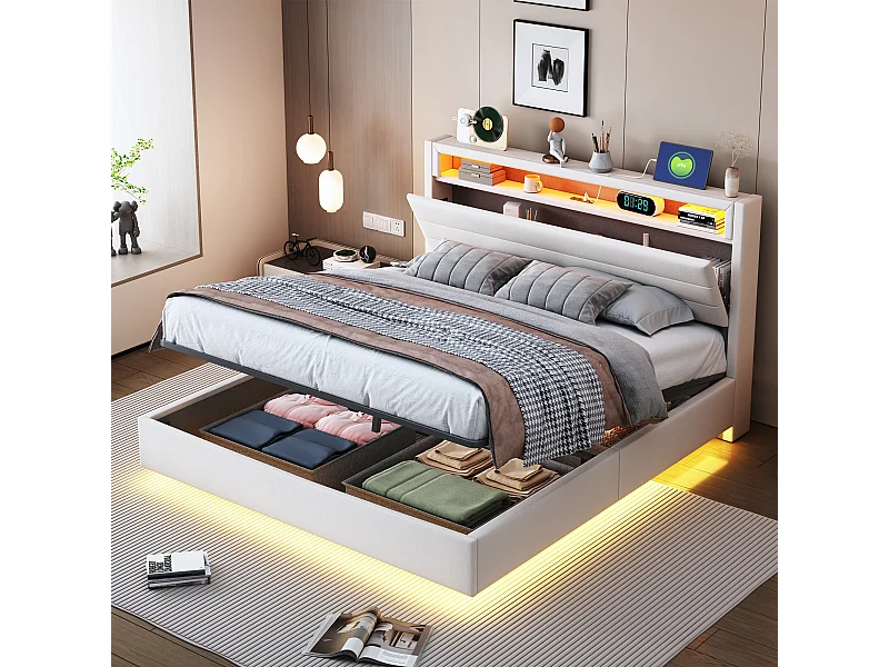 Lit coffre rembourré double - 140 x 200 cm - hydraulique rangement - avec port USB + Leds + tête de lit réversible - lin - beige