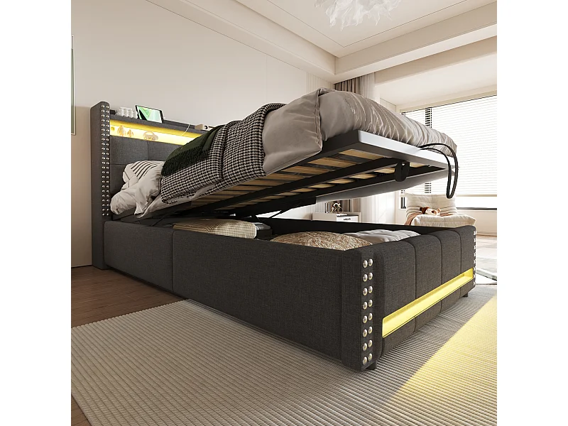 Gestoffeerd bed met opbergruimte voor kinderen - 90 x 200 cm - met LED's + USB + hoofdeinde met opbergruimte - linnen + metaal + multiplex + MDF - Grijs
