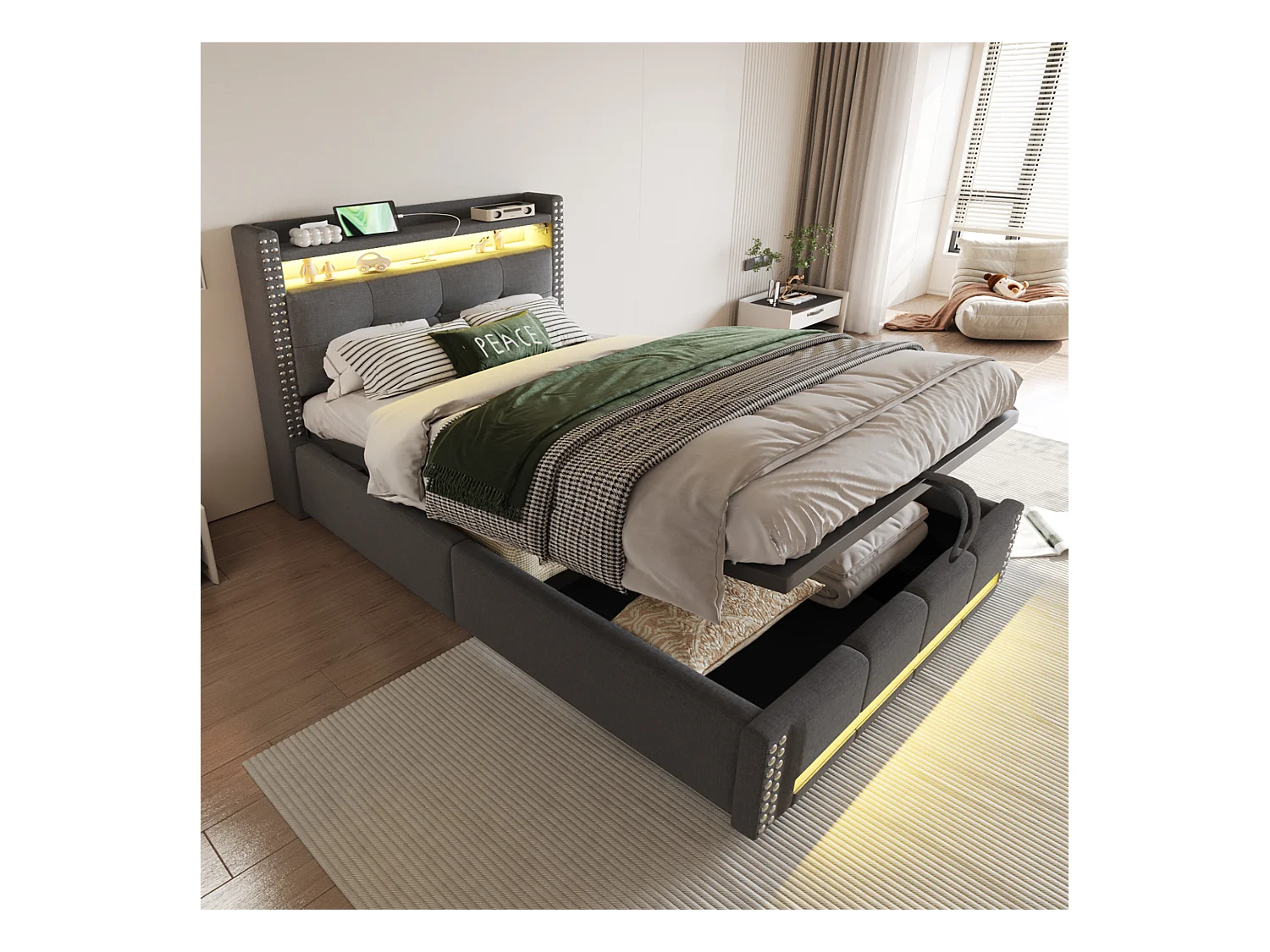 Gestoffeerd bed met opbergruimte voor kinderen - 90 x 200 cm - met LED's + USB + hoofdeinde met opbergruimte - linnen + metaal + multiplex + MDF - Grijs