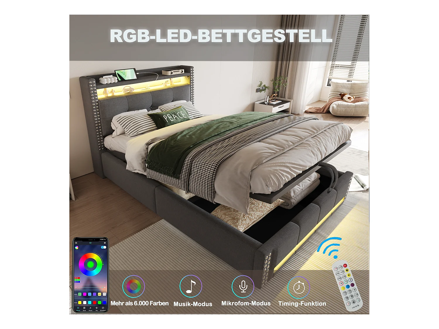 Gestoffeerd bed met opbergruimte voor kinderen - 90 x 200 cm - met LED's + USB + hoofdeinde met opbergruimte - linnen + metaal + multiplex + MDF - Grijs